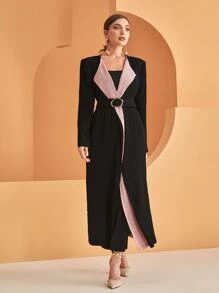 Modelyn Two Tone Waterfall Collar Belted Coat - Black - View 6