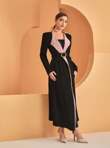 Modelyn Two Tone Waterfall Collar Belted Coat - Black - View 7