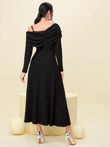 Modelyn Asymmetrical Neck Ruffle Trim Dress - Black - View 2