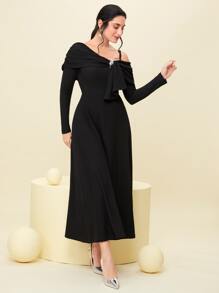 Modelyn Asymmetrical Neck Ruffle Trim Dress - Black - View 3