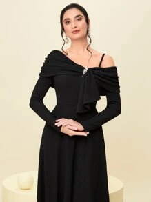 Modelyn Asymmetrical Neck Ruffle Trim Dress - Black - View 5