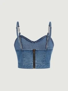 SHEIN MOD Chain Detail Zip Back Cami Denim Top - Medium Wash - View 3