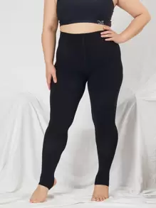 Solid Plus Size Stirrup Tights - Black - View 1
