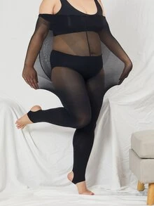Solid Plus Size Stirrup Tights - Black - View 3