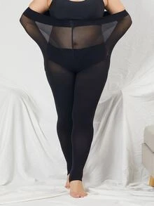 Solid Plus Size Stirrup Tights - Black - View 4