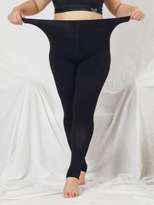 Solid Plus Size Stirrup Tights - Black - View 5