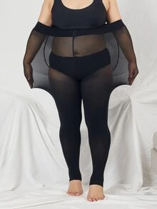 Solid Plus Size Stirrup Tights - Black - View 6