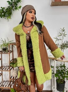 PUNK Plus Contrast Collar Teddy Lined Suedette Overcoat - Brown - View 3