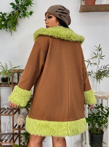 PUNK Plus Contrast Collar Teddy Lined Suedette Overcoat - Brown - View 4