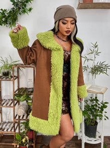 PUNK Plus Contrast Collar Teddy Lined Suedette Overcoat - Brown - View 5