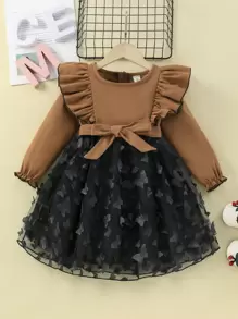 Toddler Girls 1pc Butterfly Appliques Contrast Mesh Ruffle Trim Belted Dress - Multicolor - View 1