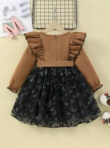 Toddler Girls 1pc Butterfly Appliques Contrast Mesh Ruffle Trim Belted Dress - Multicolor - View 2