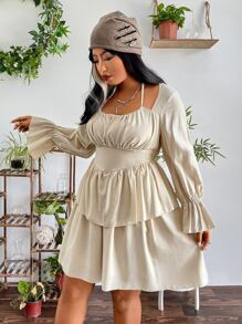 Vestido de cuello halter pecho con fruncido de manga con volante - Albaricoque - Ver 5