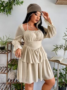 Vestido de cuello halter pecho con fruncido de manga con volante - Albaricoque - Ver 3