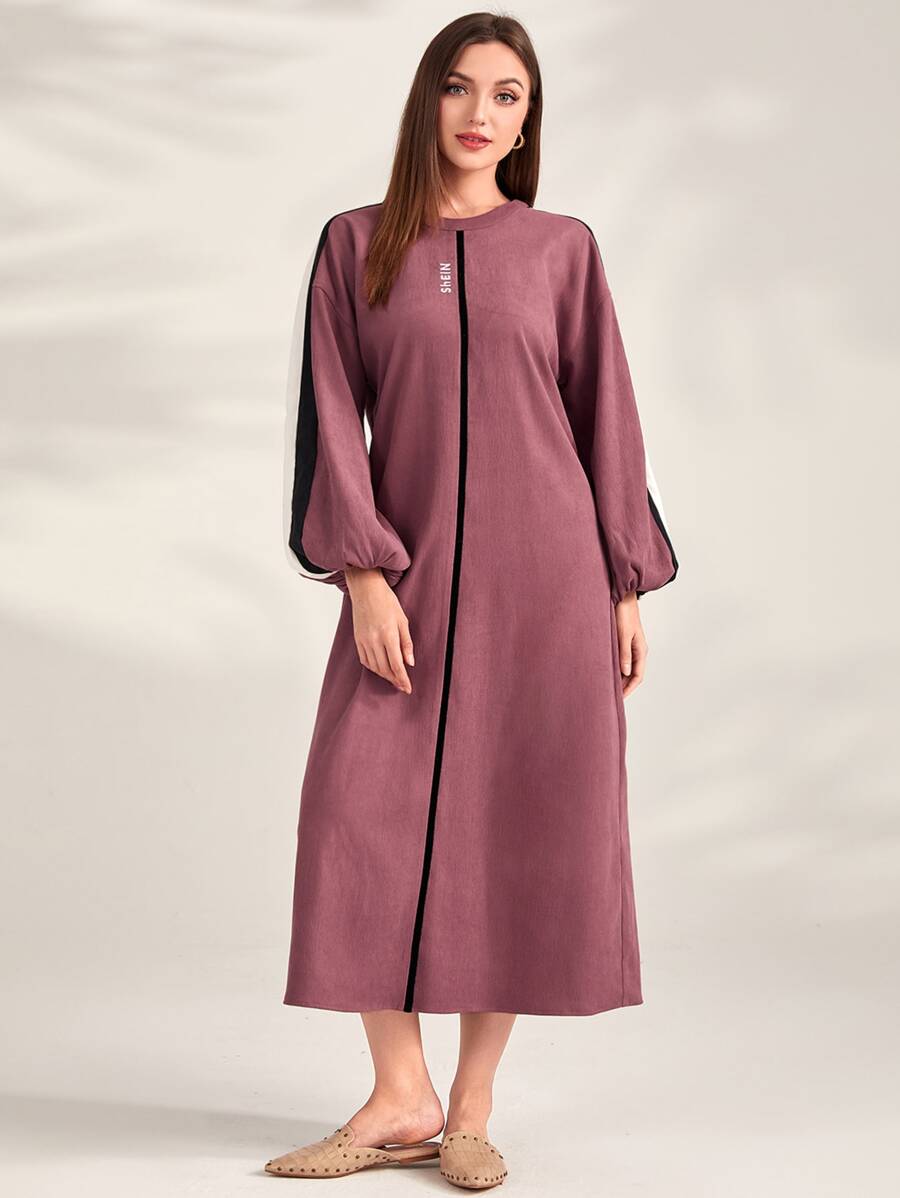 Mulvari 燈籠袖拼接側縫刺繡字母直筒連衣裙 - 玫瑰紅 - 查看 1