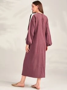 Mulvari 燈籠袖拼接側縫刺繡字母直筒連衣裙 - 玫瑰紅 - 查看 2