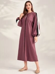 Mulvari 燈籠袖拼接側縫刺繡字母直筒連衣裙 - 玫瑰紅 - 查看 3