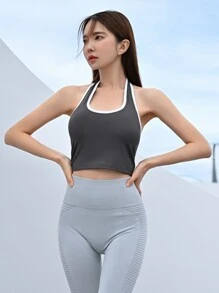 DAZY Contrast Binding Halter Neck Sports Bra - Grey - View 2