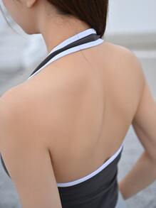 DAZY Contrast Binding Halter Neck Sports Bra - Grey - View 3