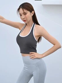 DAZY Contrast Binding Halter Neck Sports Bra - Grey - View 4
