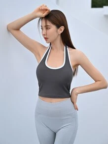 DAZY Contrast Binding Halter Neck Sports Bra - Grey - View 6