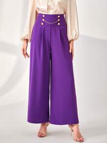 Modelyn High Waist Chain Detail Wide Leg Trousers - Purple - View 3