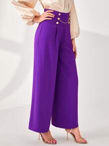 Modelyn High Waist Chain Detail Wide Leg Trousers - Purple - View 4