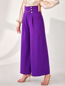 Modelyn High Waist Chain Detail Wide Leg Trousers - Purple - View 5
