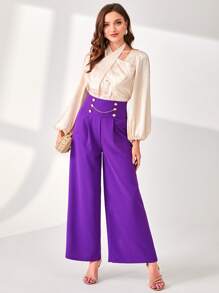 Modelyn High Waist Chain Detail Wide Leg Trousers - Purple - View 1