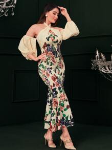 Modelyn 印花挖肩燈籠袖抽褶細節魚尾裙下擺洋裝 - 彩色 - 查看 1