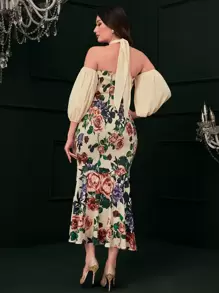 Modelyn 印花挖肩燈籠袖抽褶細節魚尾裙下擺洋裝 - 彩色 - 查看 2