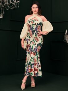 Modelyn 印花挖肩燈籠袖抽褶細節魚尾裙下擺洋裝 - 彩色 - 查看 4