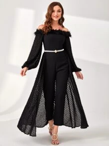 Modelyn Off Shoulder Fuzzy Trim Overlay Belted Jumpsuit - Black - View 1