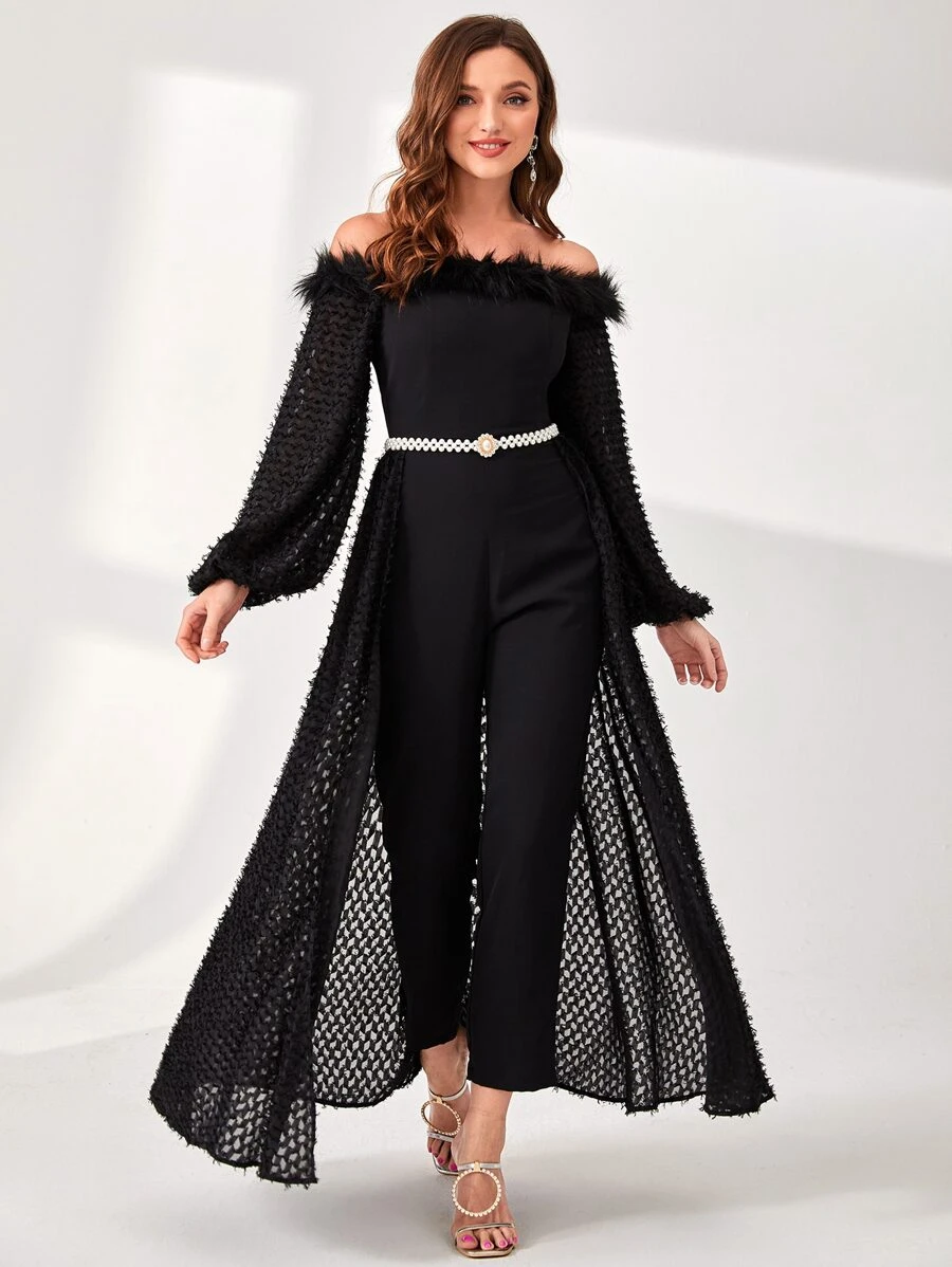 Modelyn Off Shoulder Fuzzy Trim Overlay Belted Jumpsuit - Black - View 1