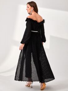 Modelyn Off Shoulder Fuzzy Trim Overlay Belted Jumpsuit - Black - View 2