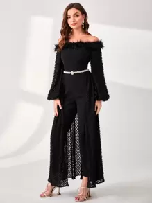 Modelyn Off Shoulder Fuzzy Trim Overlay Belted Jumpsuit - Black - View 3