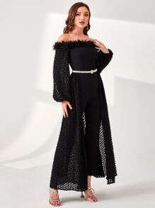Modelyn Off Shoulder Fuzzy Trim Overlay Belted Jumpsuit - Black - View 4