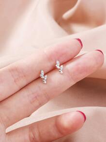 Nooxian 2pcs Cubic Zirconia Leaf Decor Stud Earrings - Silver - View 2