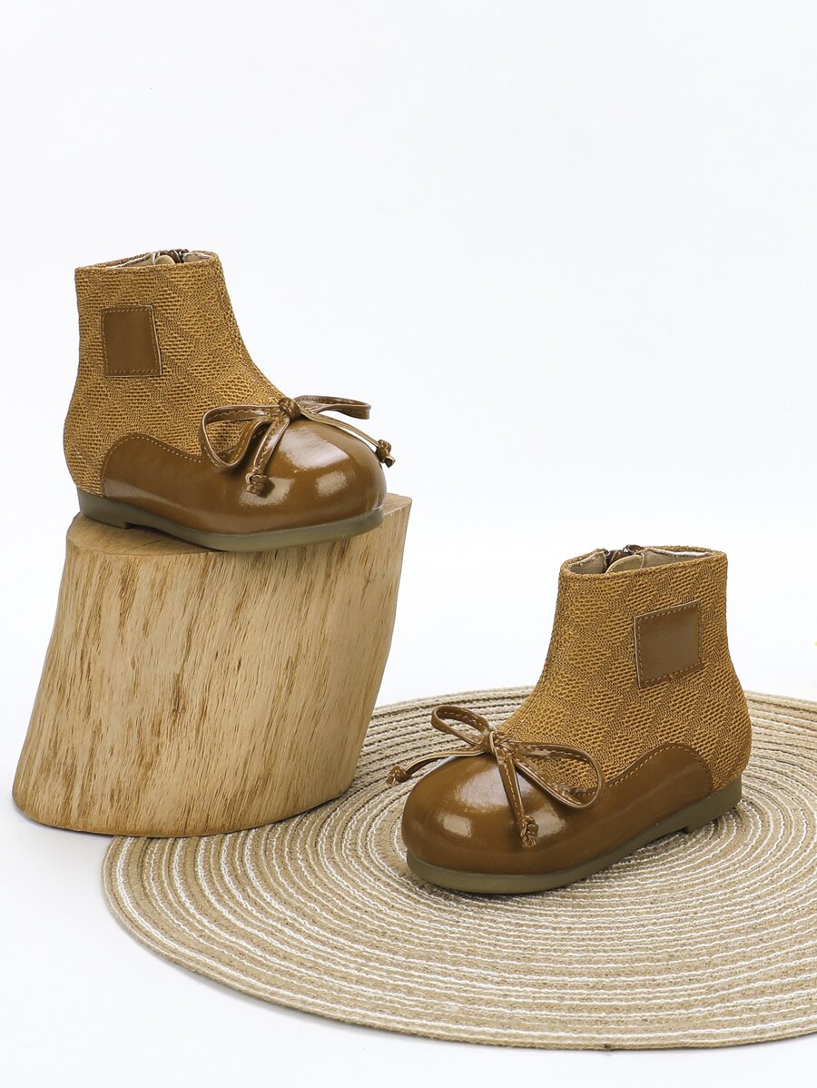 Girls Bow Decor Side Zipper Boots - Brown - View 1