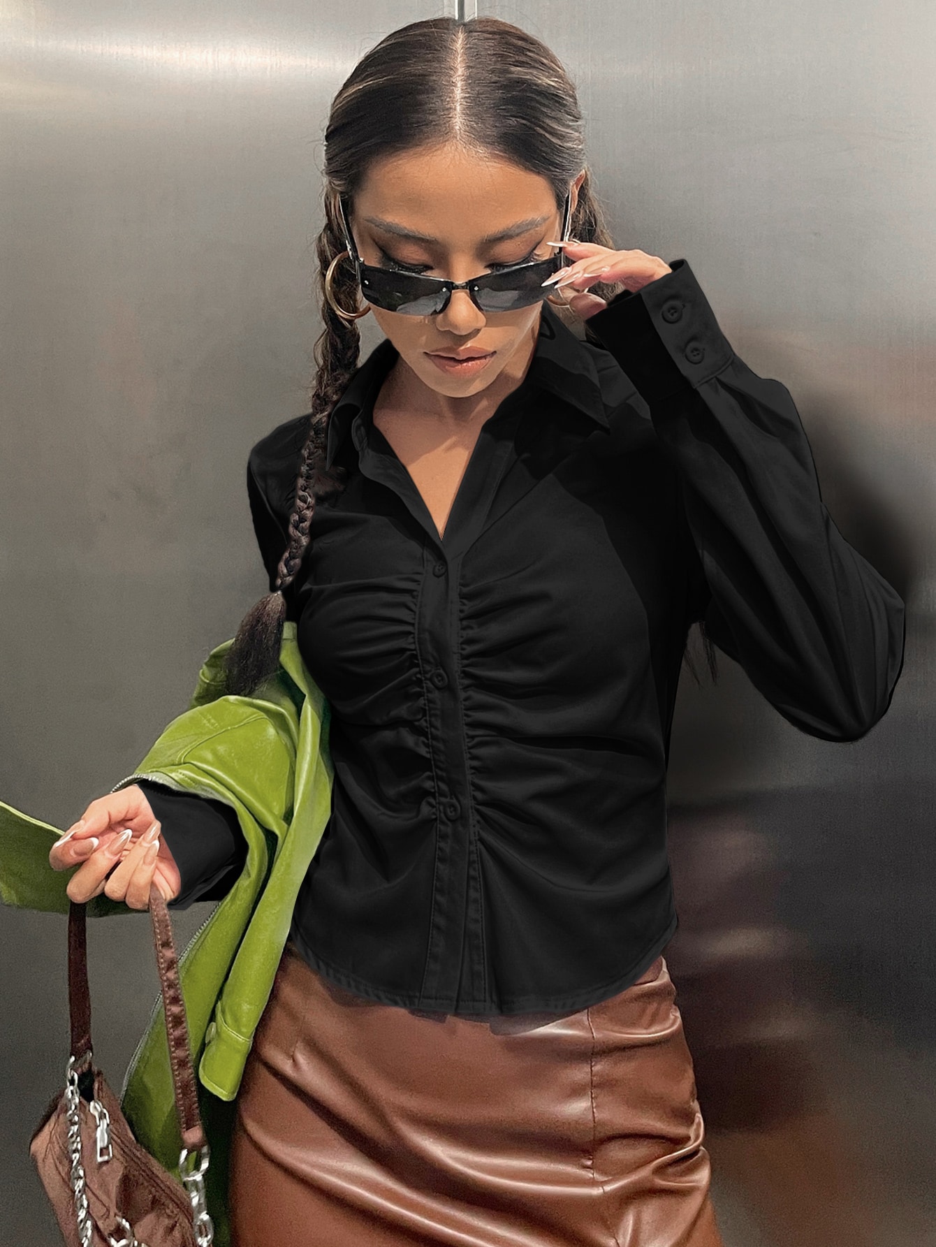 SHEIN SHEIN EZwear Solid Ruched Button Up Shirt