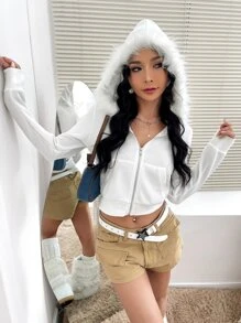 SHEIN ICON Zip Up 3D Ears Design Hoodie - White - View 1