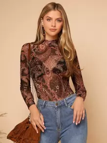 SHEIN Privé Top con estampado de paisley de cuello alto de malla sin sujetador - Multicolor - Ver 1