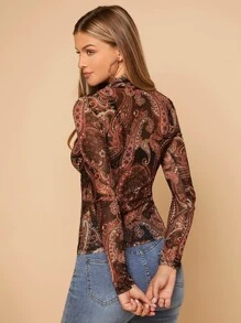 SHEIN Privé Top con estampado de paisley de cuello alto de malla sin sujetador - Multicolor - Ver 2