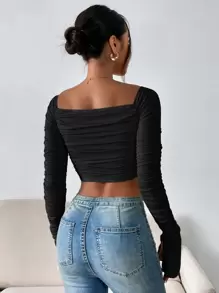 Firerie Áo nữ Xù Chia màu trơn Thanh lịch - màu đen - Xem 2