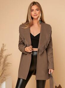 SHEIN Clasi Waterfall Collar Fringe Trim Belted Overcoat - Coffee Brown - View 2