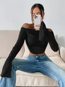 Firerie Áo nữ Xù Chia màu trơn Thanh lịch - màu đen - Xem 4