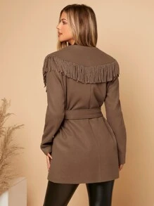 SHEIN Clasi Waterfall Collar Fringe Trim Belted Overcoat - Coffee Brown - View 3