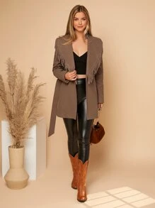 SHEIN Clasi Waterfall Collar Fringe Trim Belted Overcoat - Coffee Brown - View 4