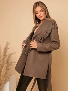 SHEIN Clasi Waterfall Collar Fringe Trim Belted Overcoat - Coffee Brown - View 5