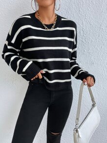 SHEIN LUNE Jersey de hombros caídos a rayas, Camisetas de manga larga